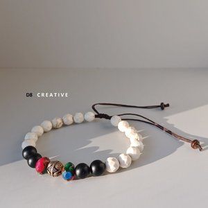 New men's white turquoise with onyx and agate stone silver ball  bracelet